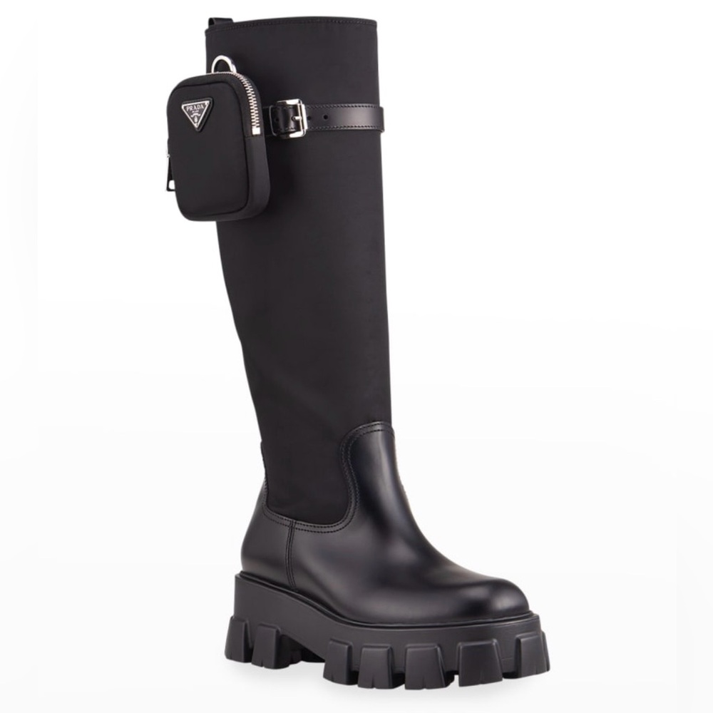 Prada Monolith Nylon Zip-Pocket Platform Riding Boots - Picture 3 of 11